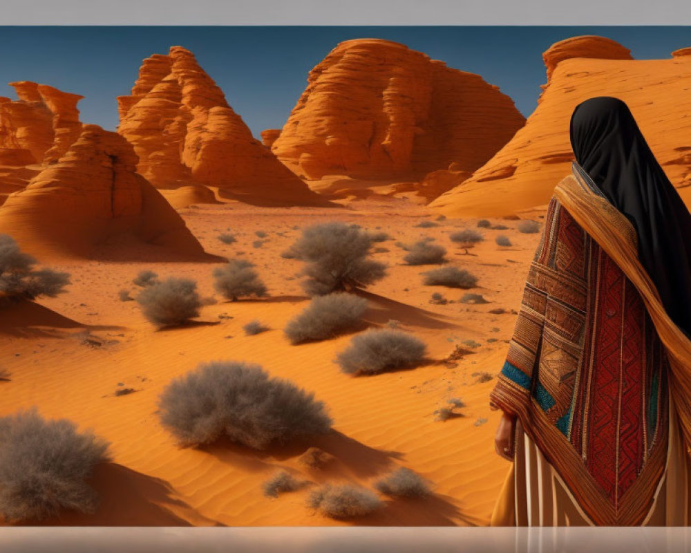 Traditional Middle Eastern attire person gazes over serene desert landscape