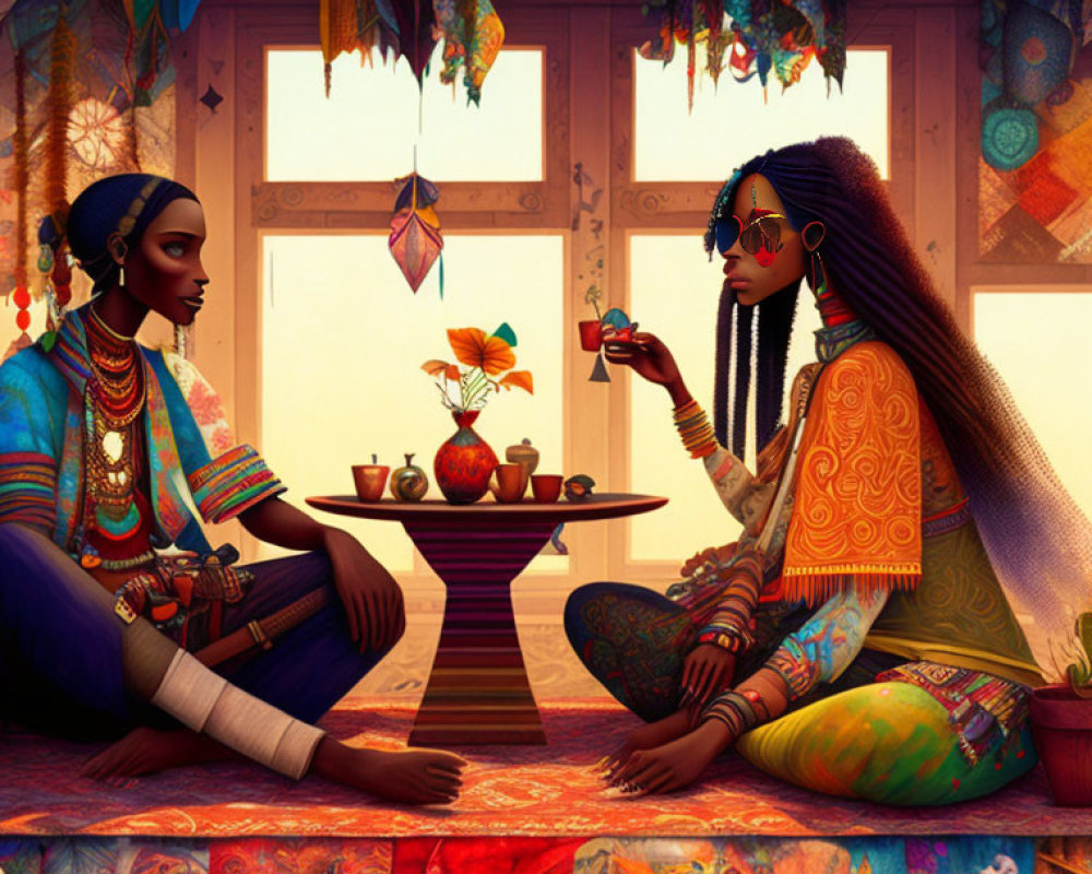 Stylized women in colorful attire in vibrant room