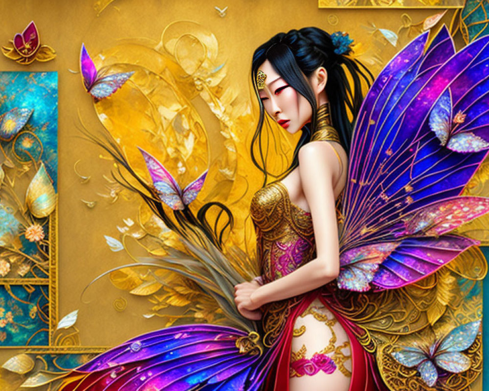 Digital artwork: Woman with iridescent butterfly wings and traditional attire on golden floral background