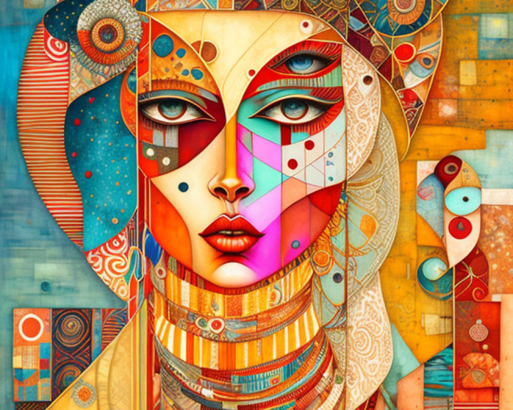 Colorful Abstract Portrait of Stylized Woman with Geometric Designs