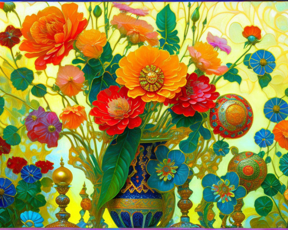 Colorful Floral Arrangement Painting with Orange and Red Blooms