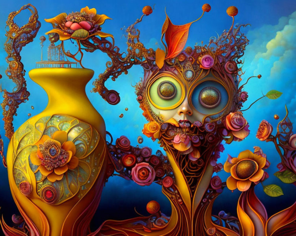 Colorful surreal artwork featuring floral humanoid figure and stylized vase with intricate patterns in dream-like ambiance