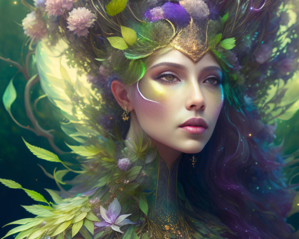 Mystical woman with floral crown and flowing hair in dreamy green ambiance