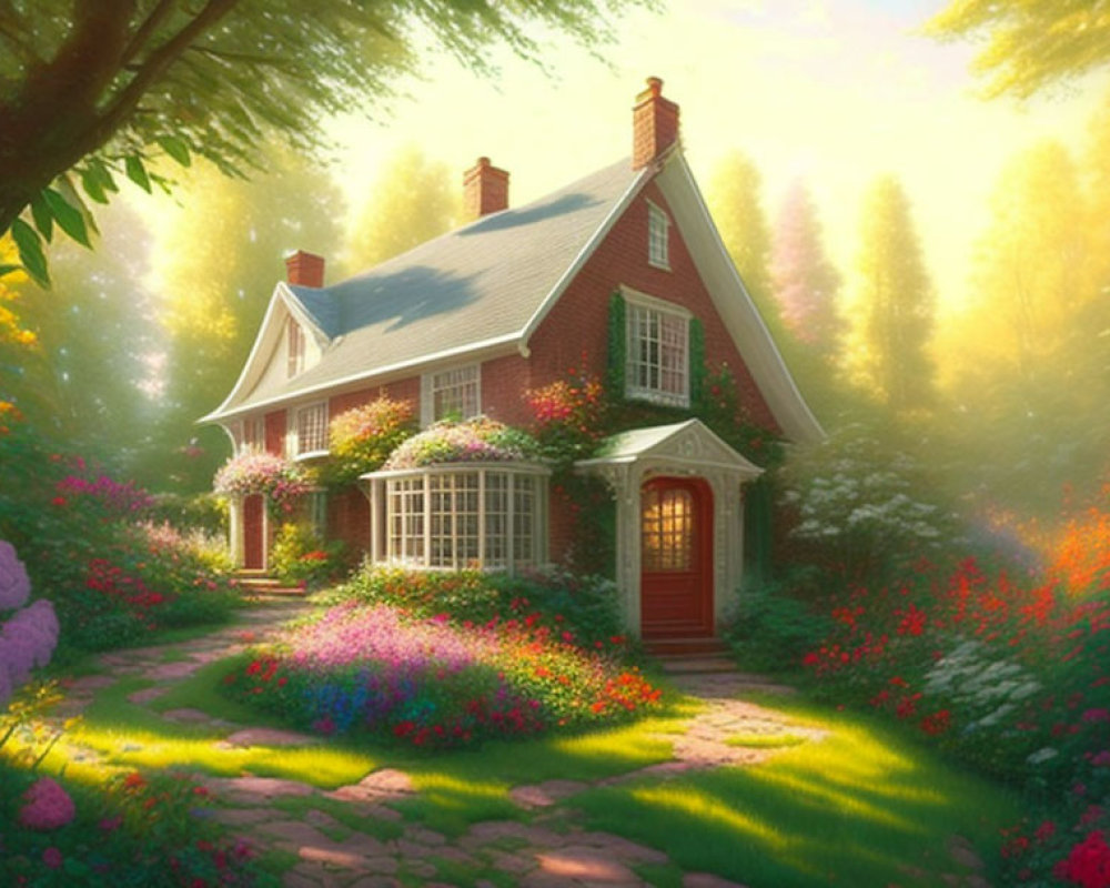 Red-roofed cottage in lush garden under warm sunlight