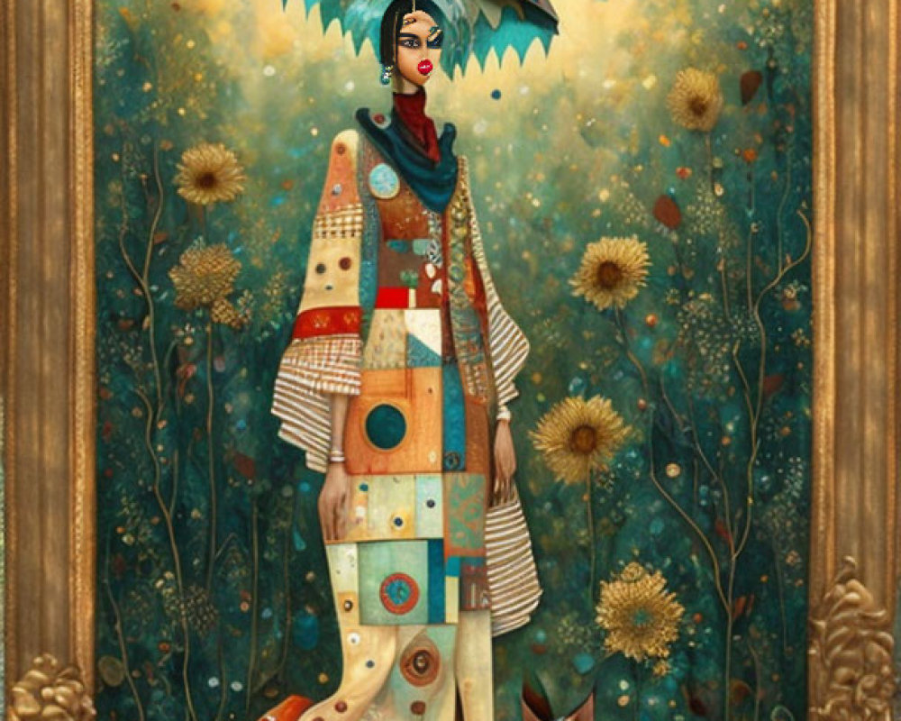 Colorful painting of woman with umbrella and dog in whimsical setting