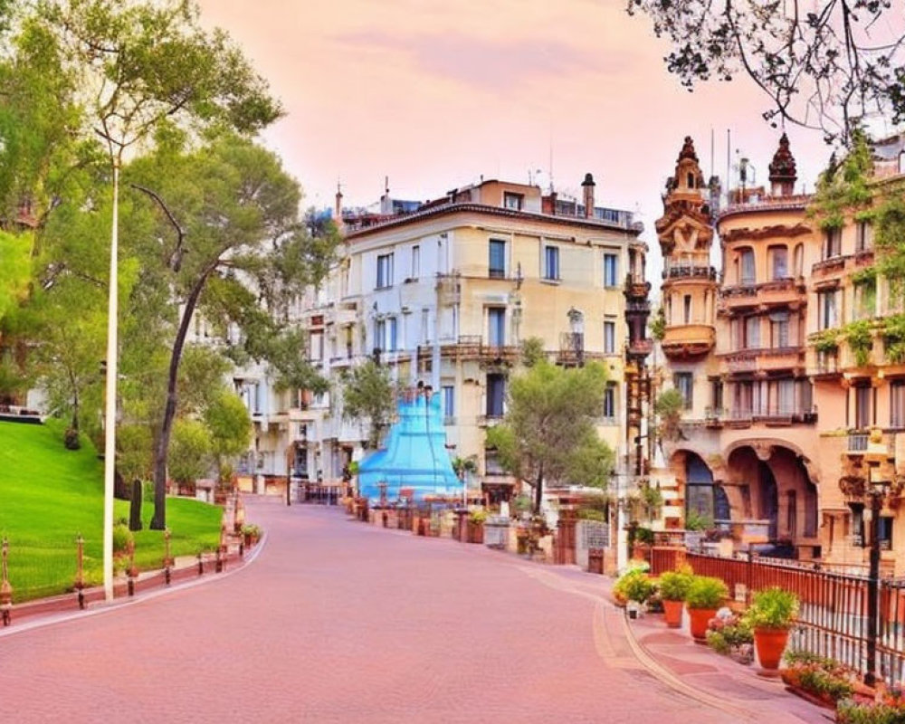 Tranquil street scene with green trees, lampposts, modern and classical buildings at sunset