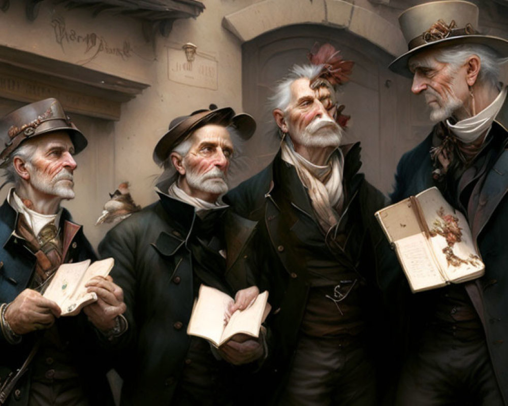 Vintage Attired Elderly Gentlemen with Books in Classic Streetscape