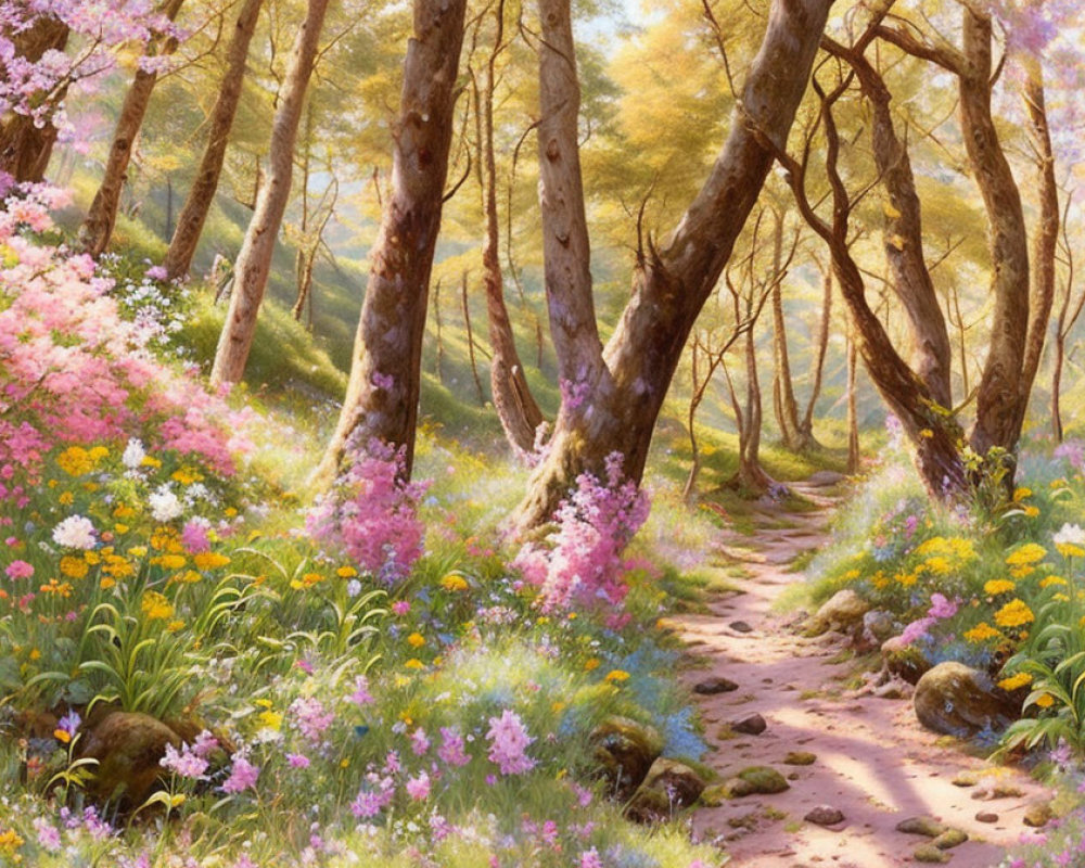 Tranquil woodland path with pink and white flowers and dappled sunlight