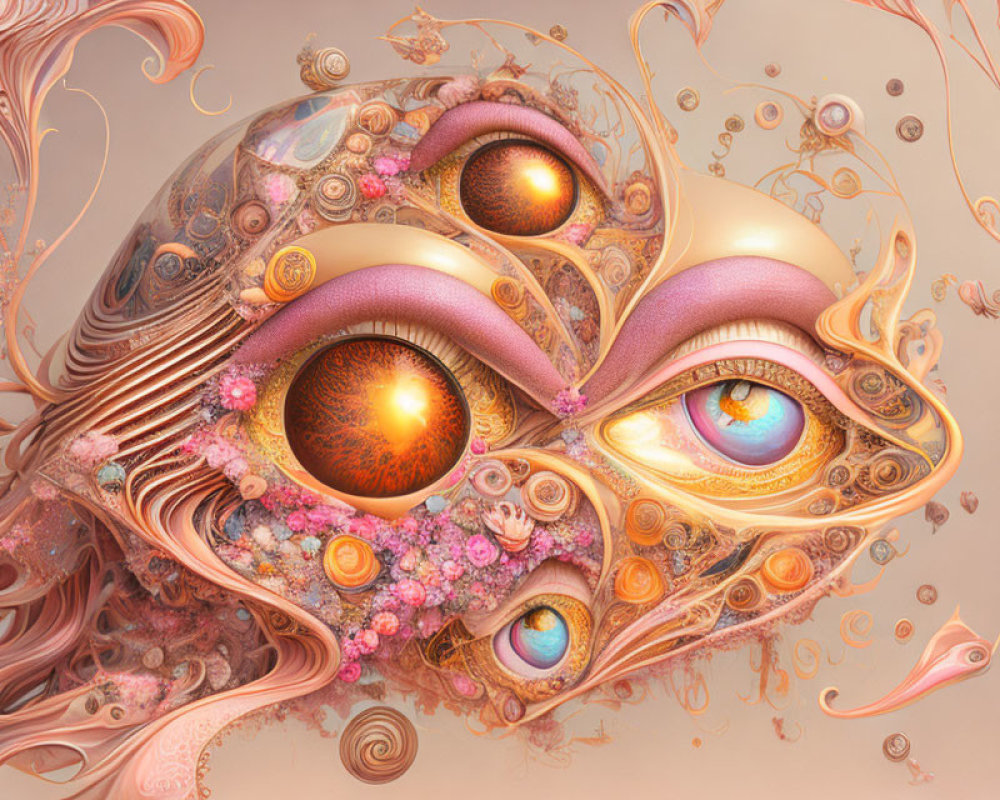 Detailed surreal digital artwork: eye-like structures in flowing scene with pink and orange palette