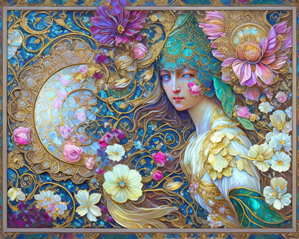 Detailed artwork of woman in golden headdress with colorful flowers on decorative background