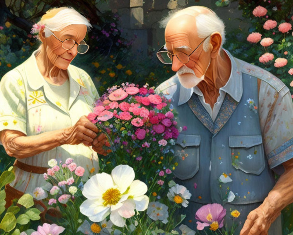 Elderly couple tending colorful flowers in lush garden