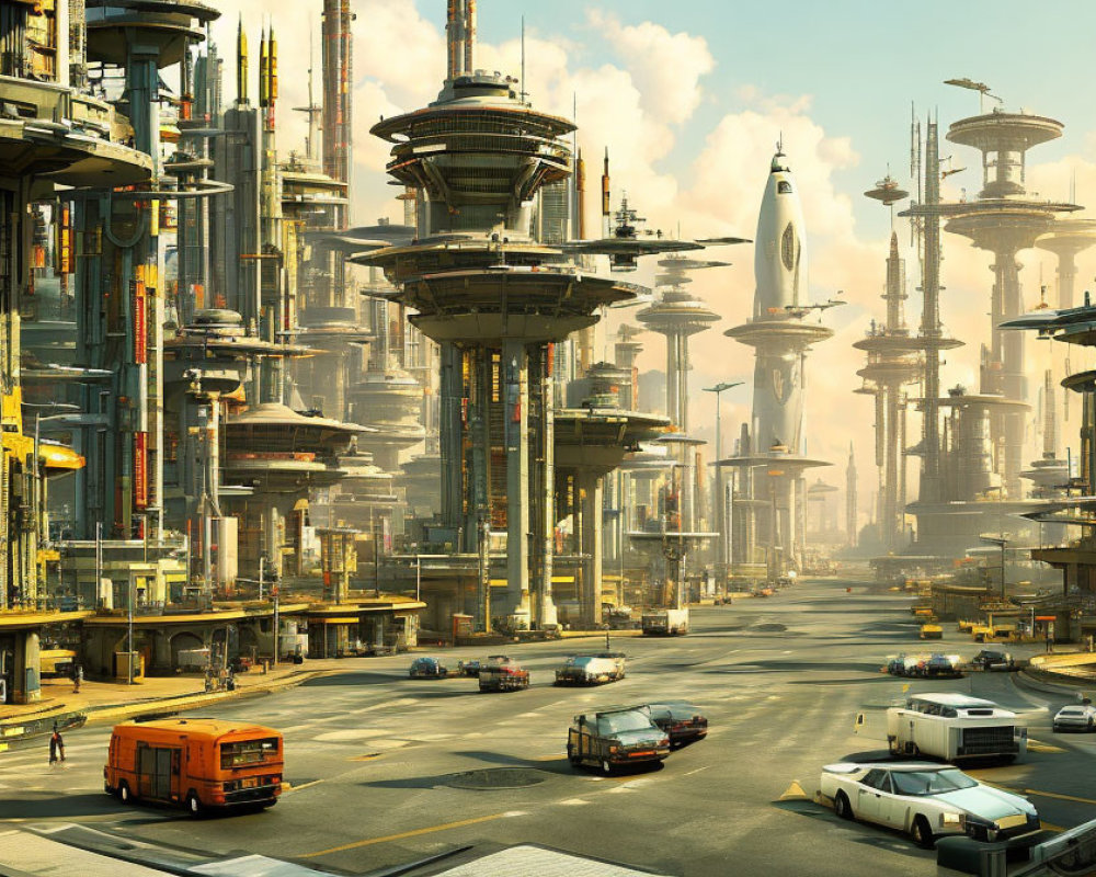 Futuristic cityscape with skyscrapers, flying vehicles, and busy streets