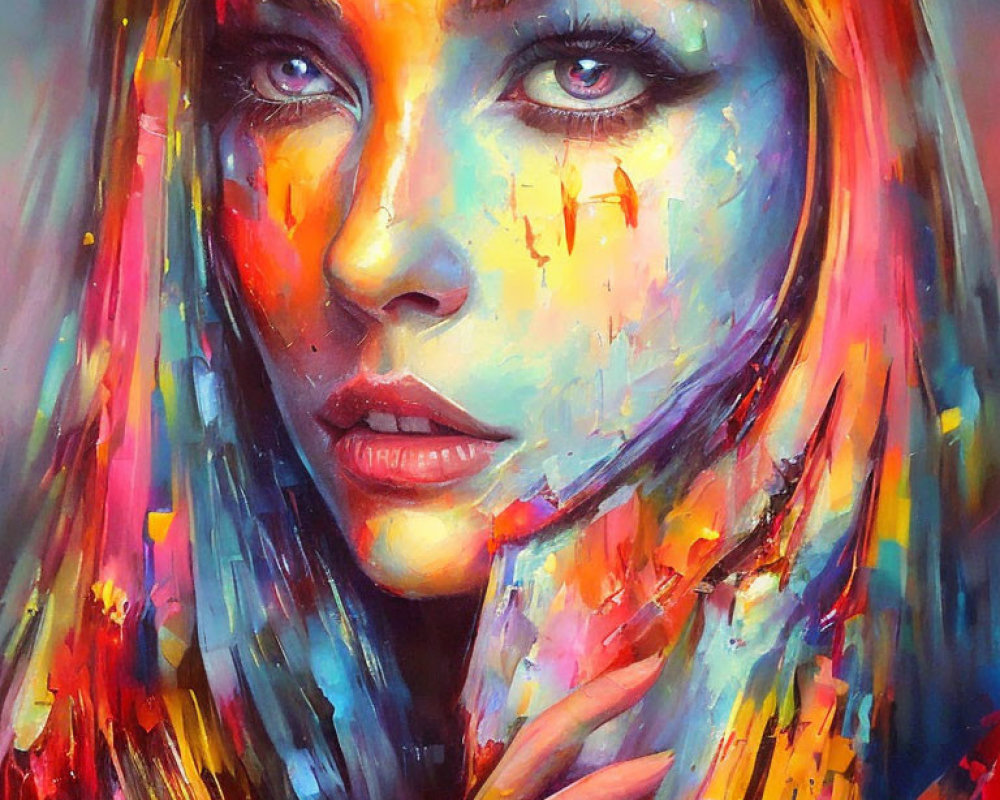 Colorful Portrait of Woman with Paint Streaks and Blue Eyes