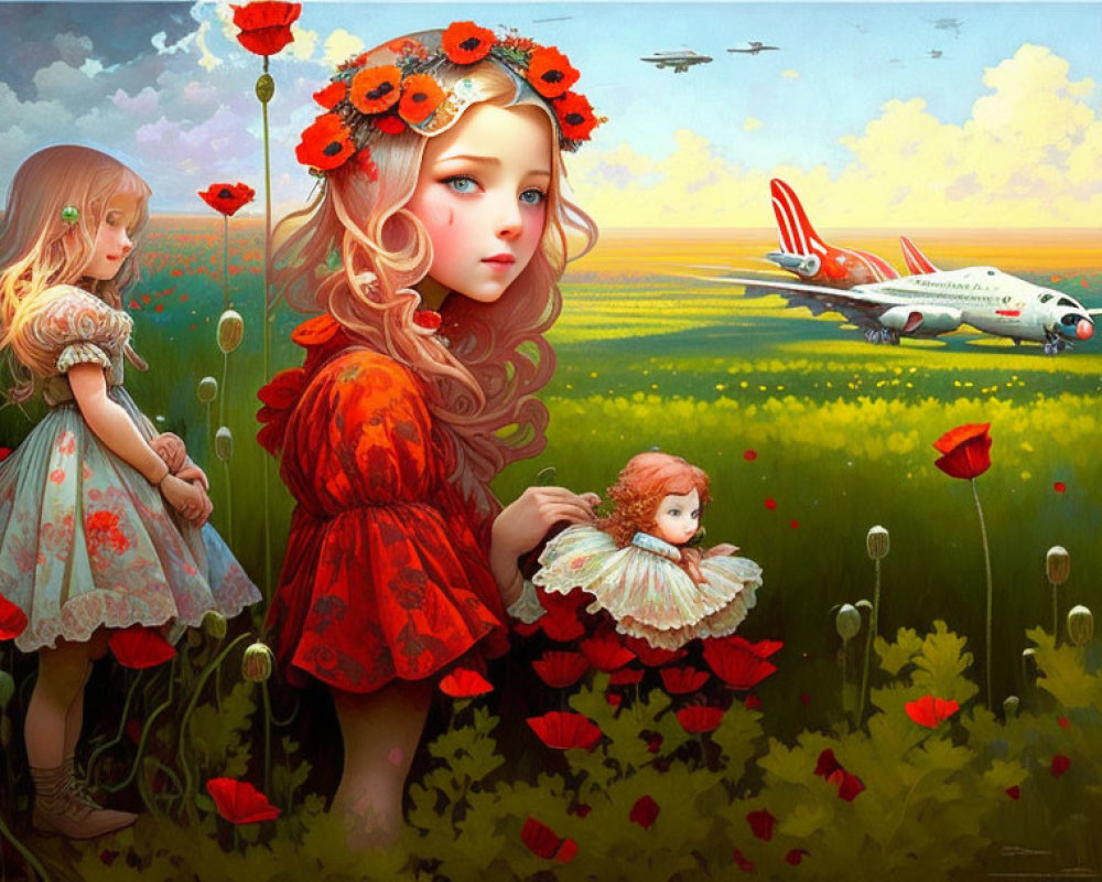 Digital artwork of girl in red dress in poppy field with doll and airplane.