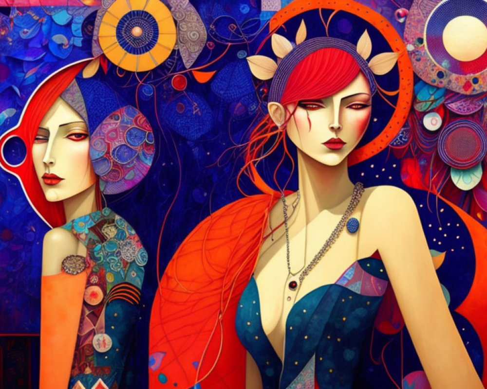 Colorful Artwork: Stylized Women with Ornate Patterns & Sun-Lunar Motifs