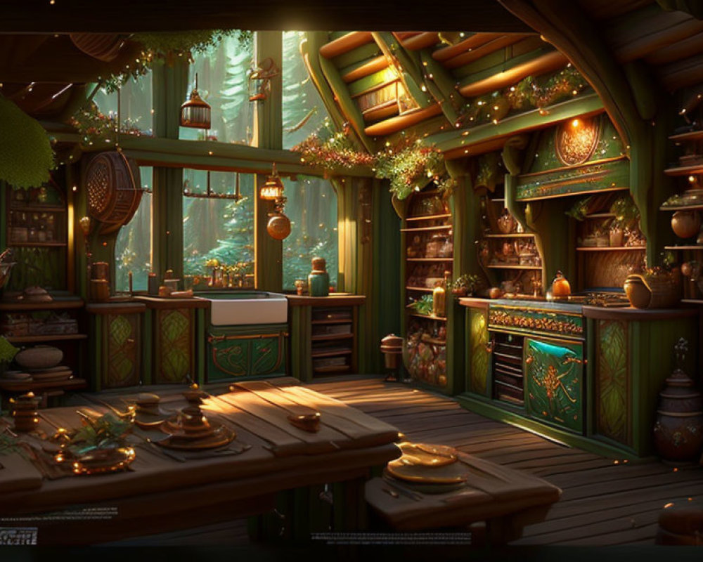 Warm, dimly-lit wooden cabin interior with green decorations, lanterns, fireplace, and dining