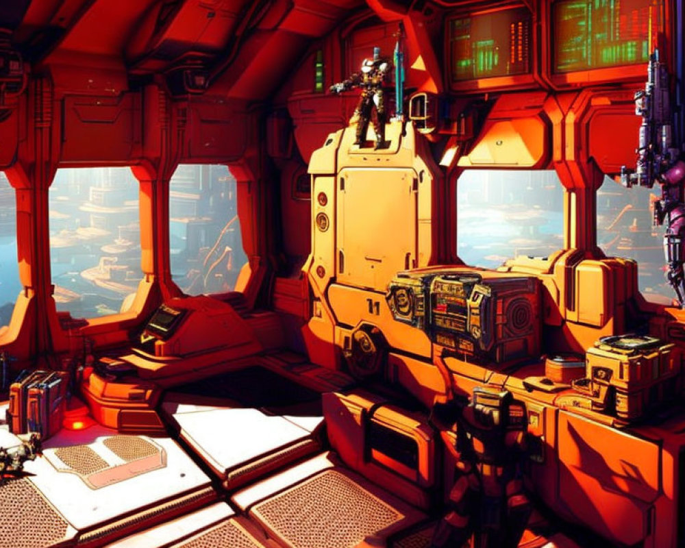 Futuristic spaceship interior with large window, cityscape view, high-tech panels, and robot.