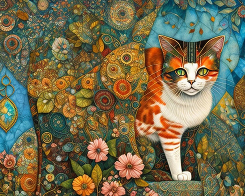 Colorful Cat Illustration Among Floral Patterns and Ornamental Designs