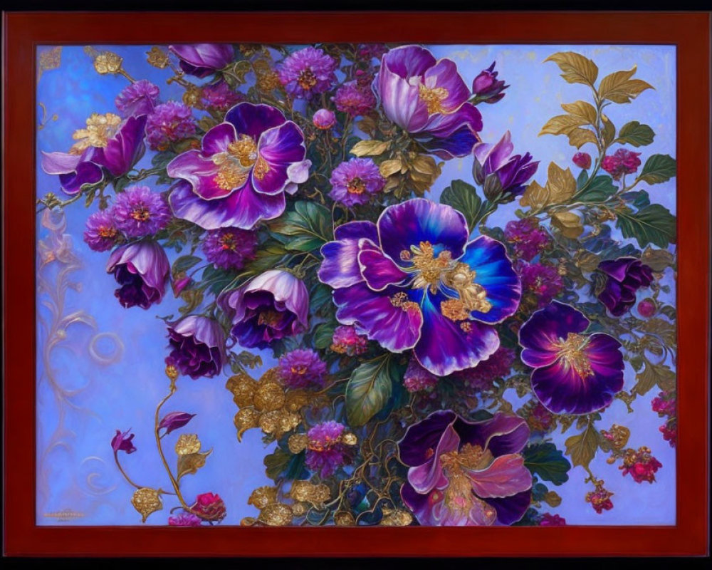 Colorful Painting of Purple Flowers with Golden Accents on Blue Background