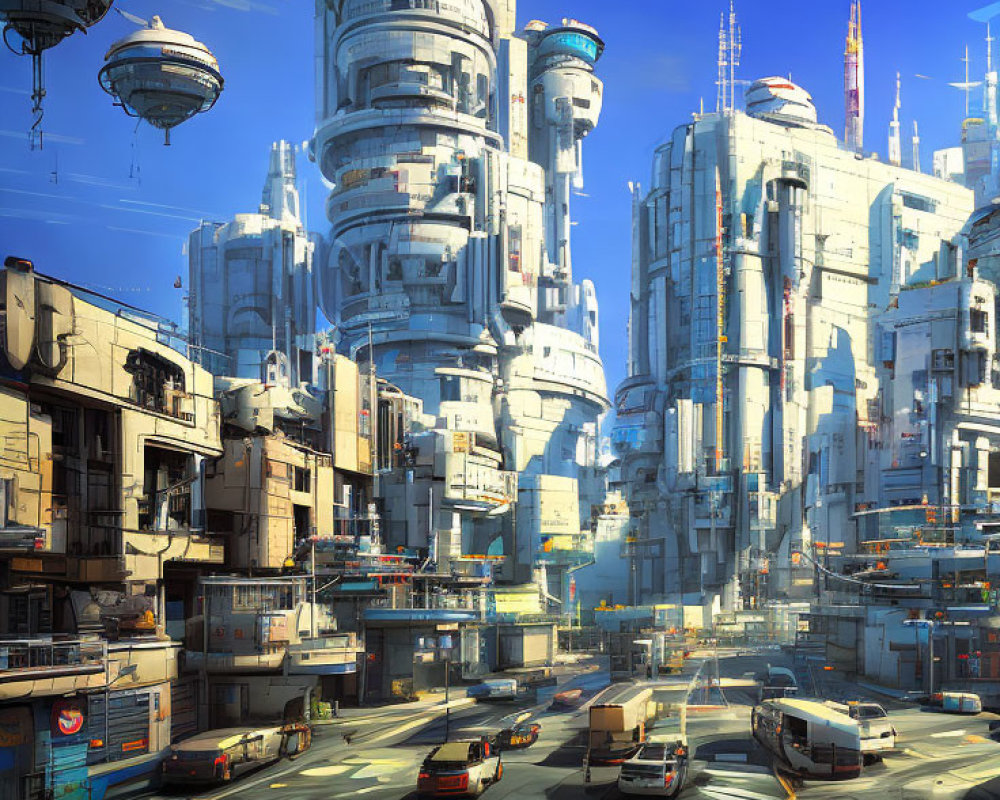 Futuristic cityscape with skyscrapers and flying vehicles