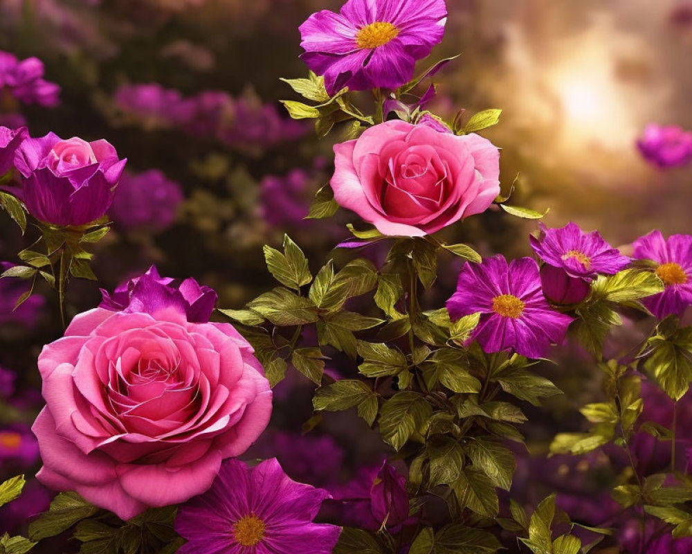 Colorful floral arrangement with pink roses and purple flowers on a green leaf backdrop.