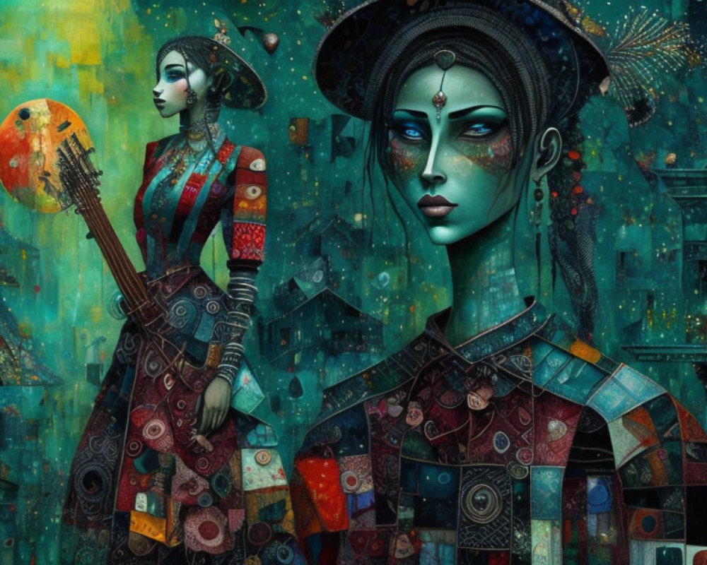 Colorful Digital Painting of Stylized Women in Traditional Outfits