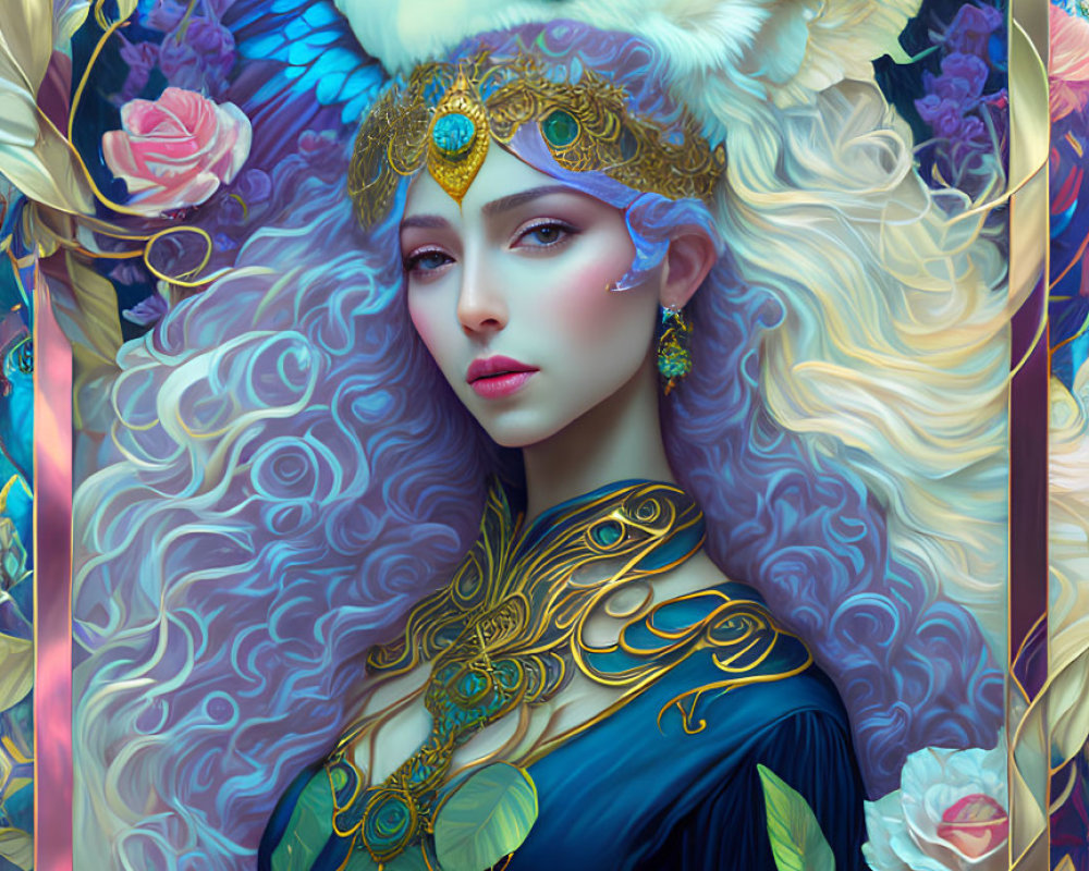 Ethereal illustration of a woman with blonde hair and gold jewelry.