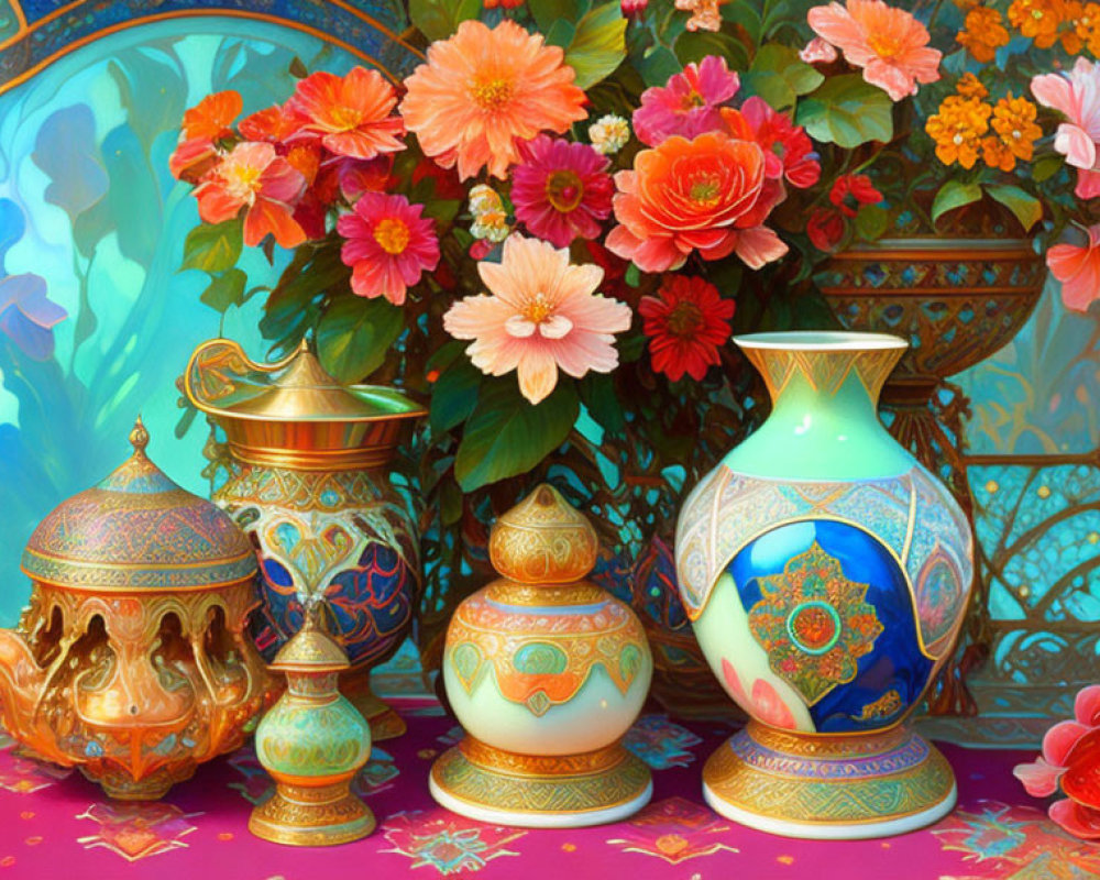 Colorful Vases, Intricate Lamp, Mirror, and Floral Bouquet Scene