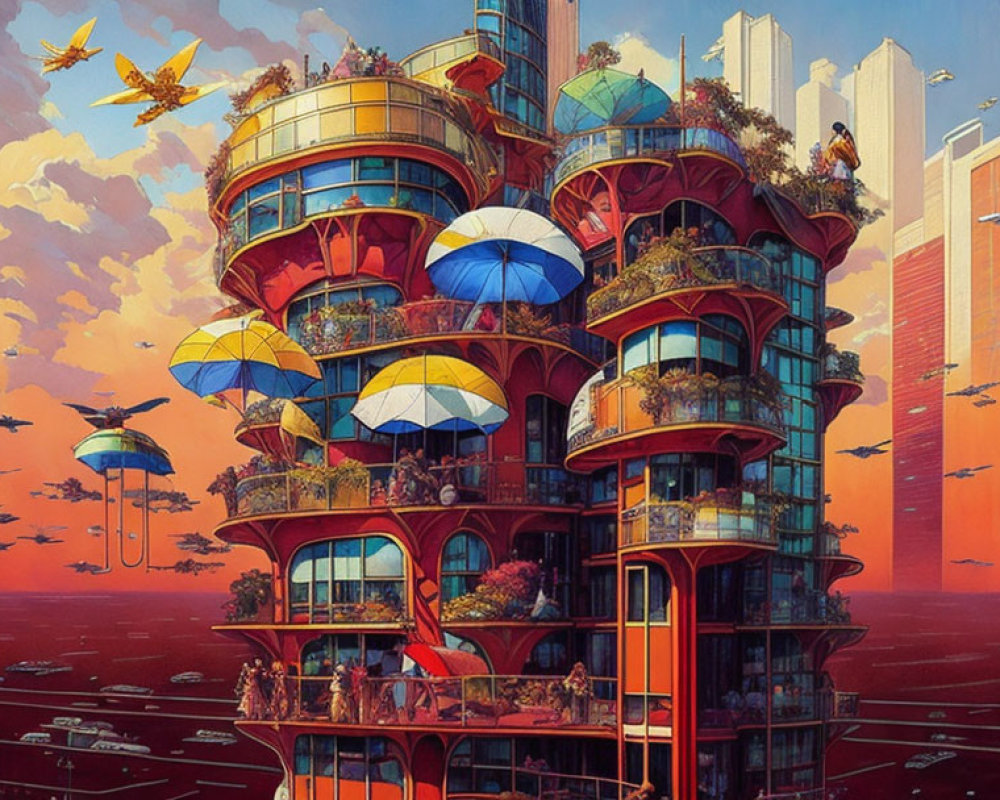 Futuristic colorful building with stacked cylindrical sections and flying vehicles in sunset sky