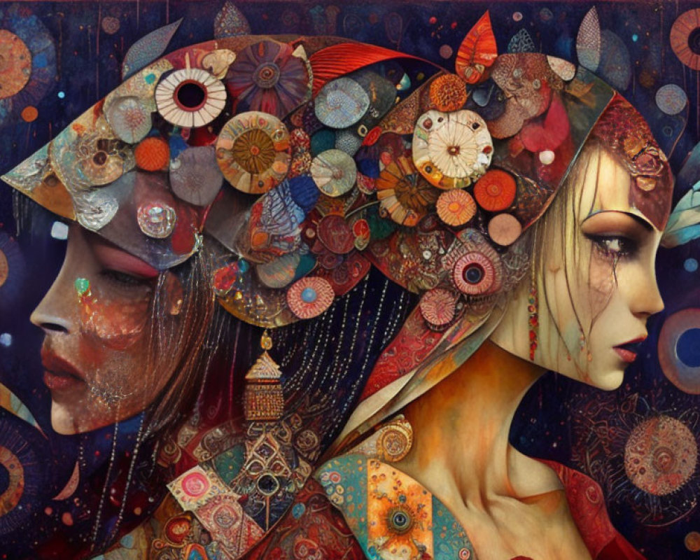 Surreal artwork featuring women with intricate circular headdresses