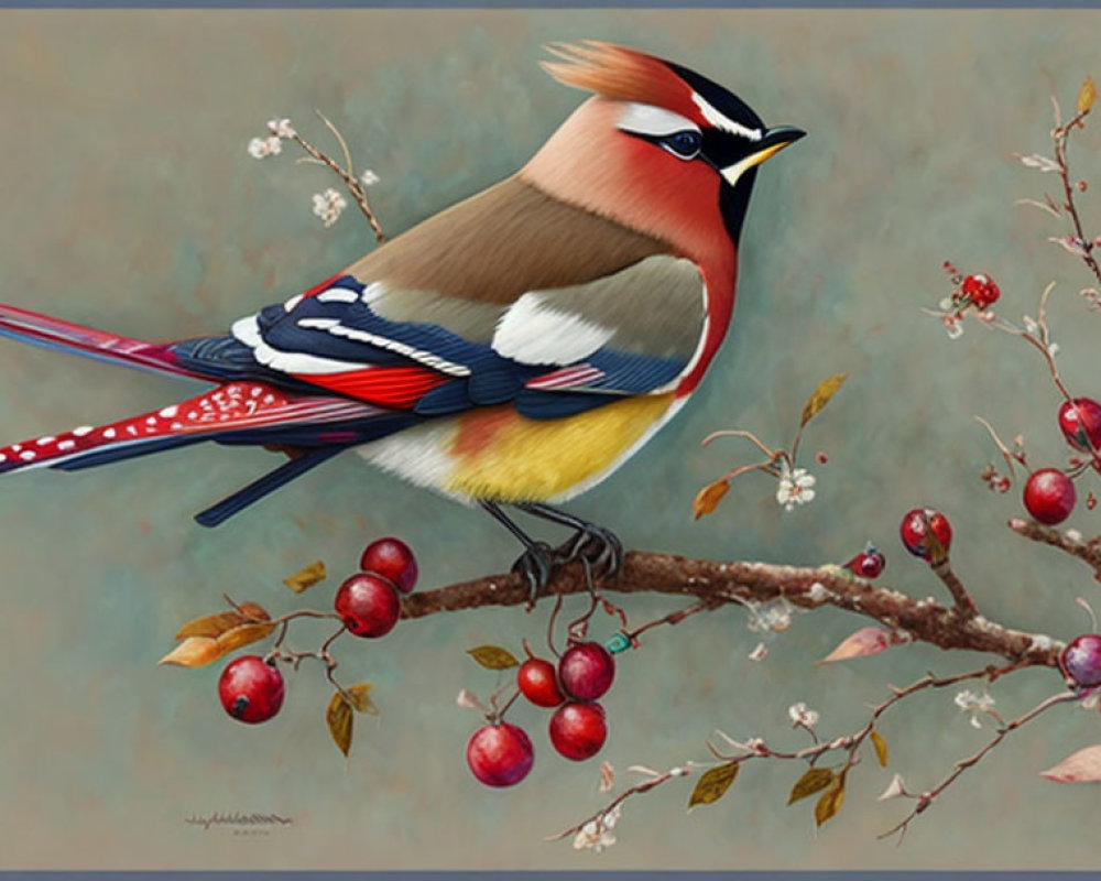 Vibrant bird with crest on branch among red berries in soft backdrop