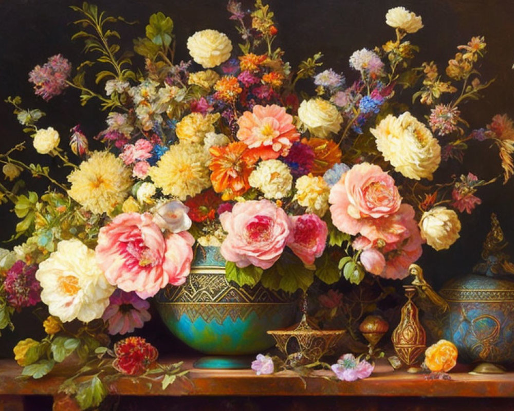 Colorful Still Life Painting with Flowers and Vases