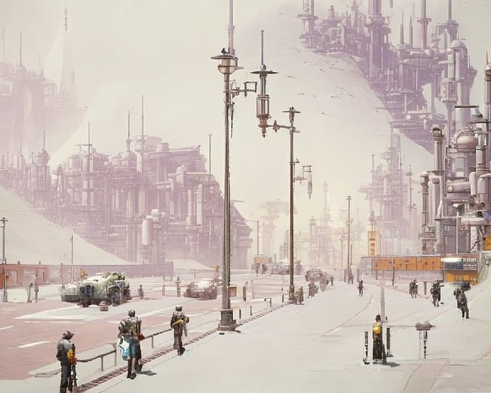 Futuristic cityscape with towering spires, advanced vehicles, and snowy streets