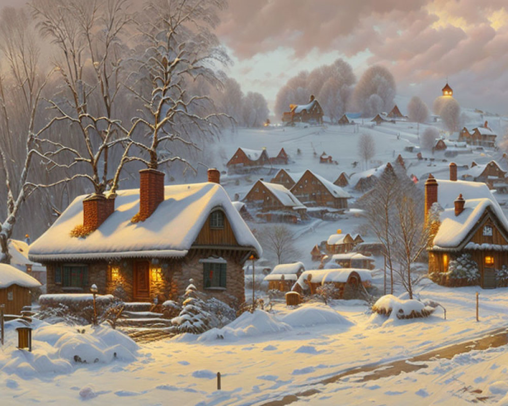 Snow-covered winter village scene with glowing lights and dusk sky