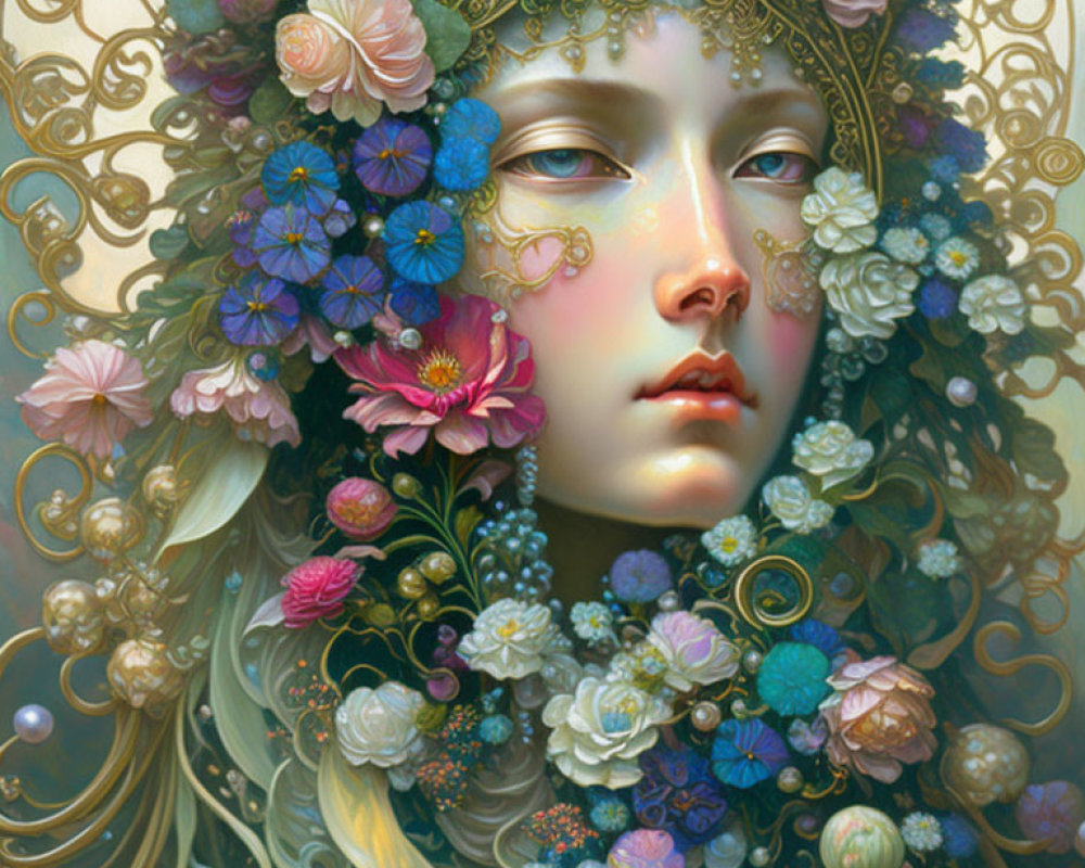 Detailed Illustration: Woman with Intricate Floral Headdress