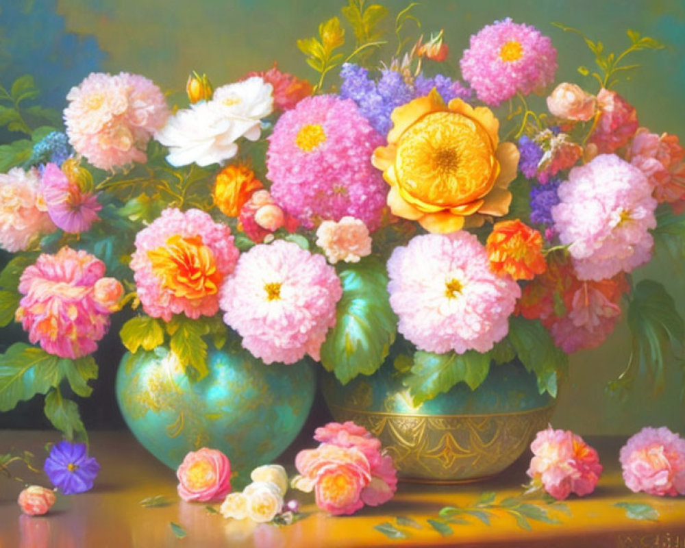 Colorful Flower Bouquet Painting in Golden Vase on Soft Background