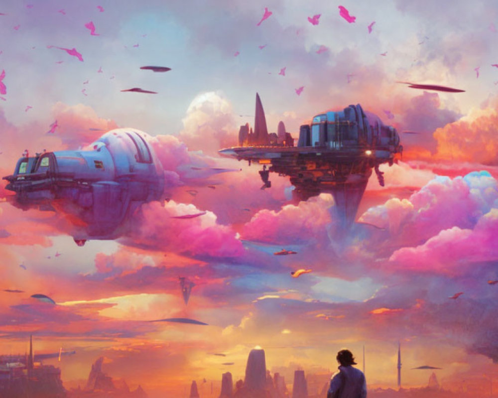 Futuristic cityscape at sunset with flying vehicles and lone figure