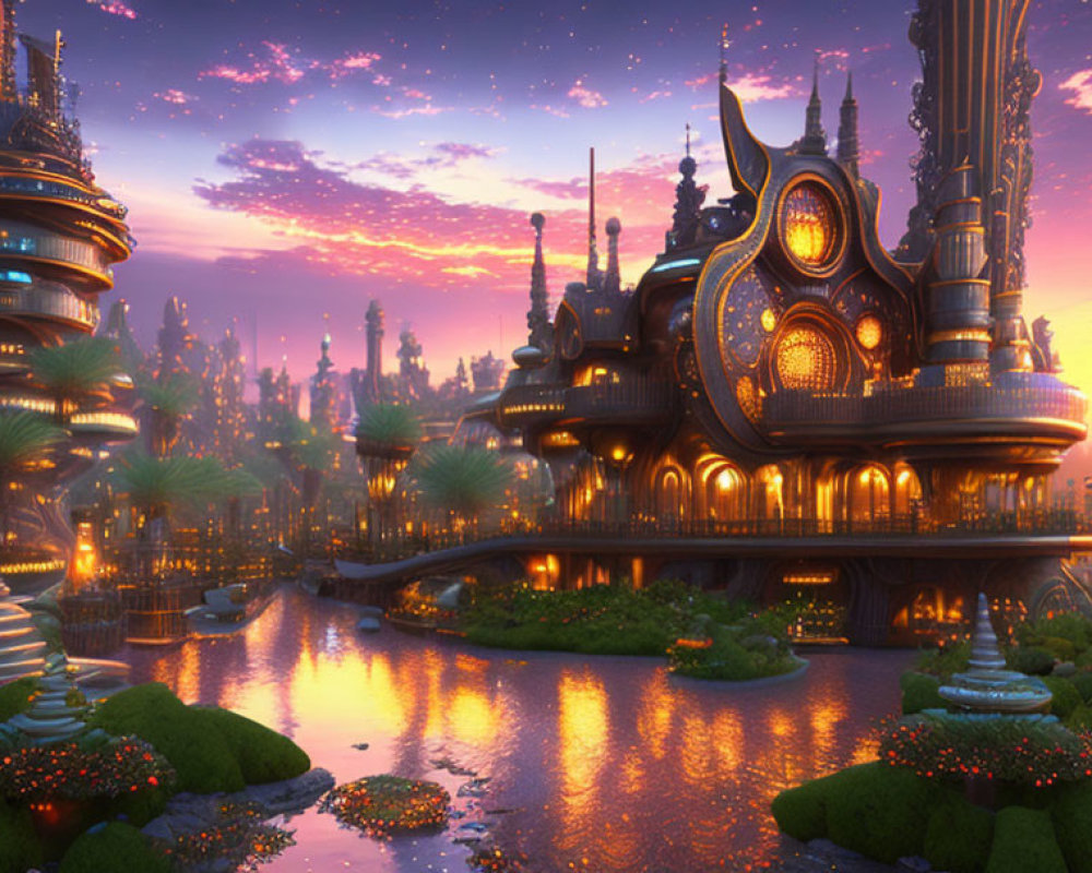 Futuristic cityscape at dusk with ornate buildings and palm trees