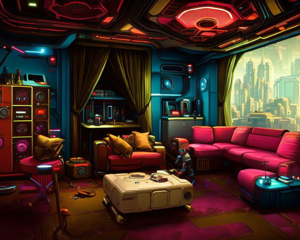 Futuristic interior with neon lights, tech panels, cozy seating, cityscape view