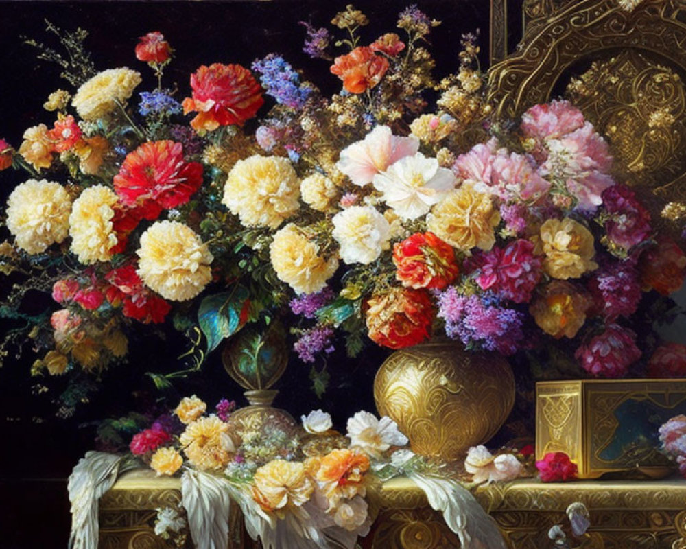 Colorful Floral Arrangement in Golden Vase on Draped Table