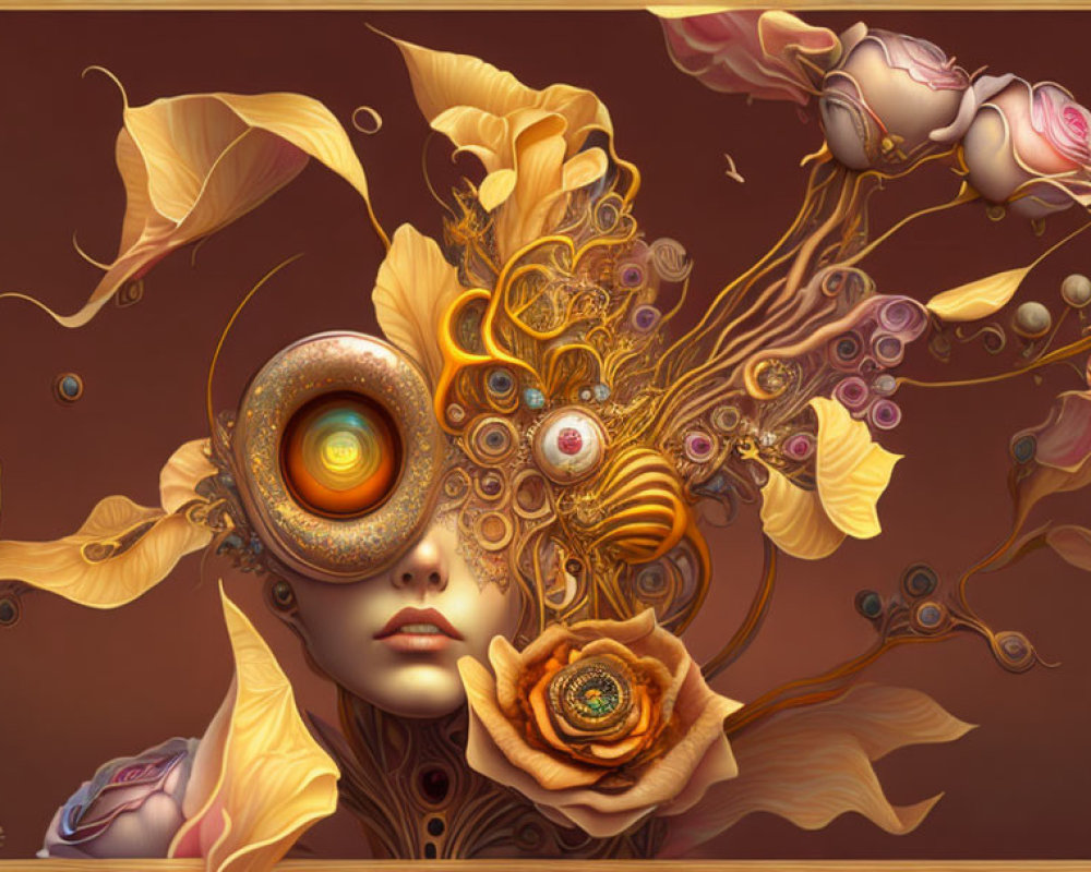 Surreal female figure with ornate flower-infused mechanical eye-piece in warm tones