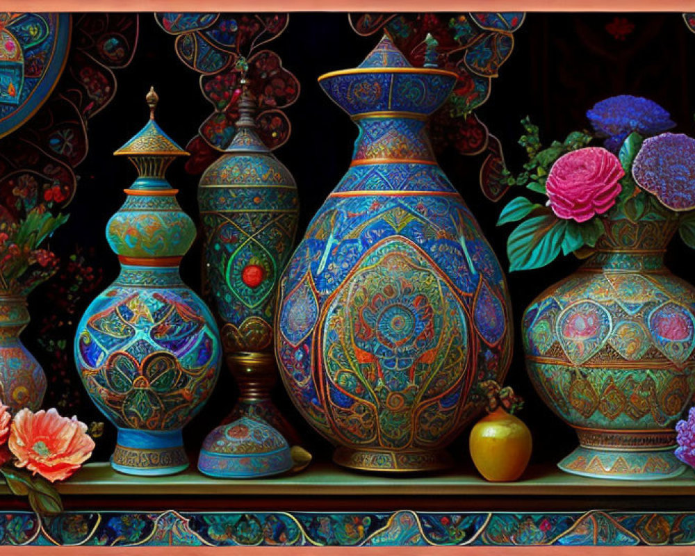 Colorful Floral Vases on Ornate Background