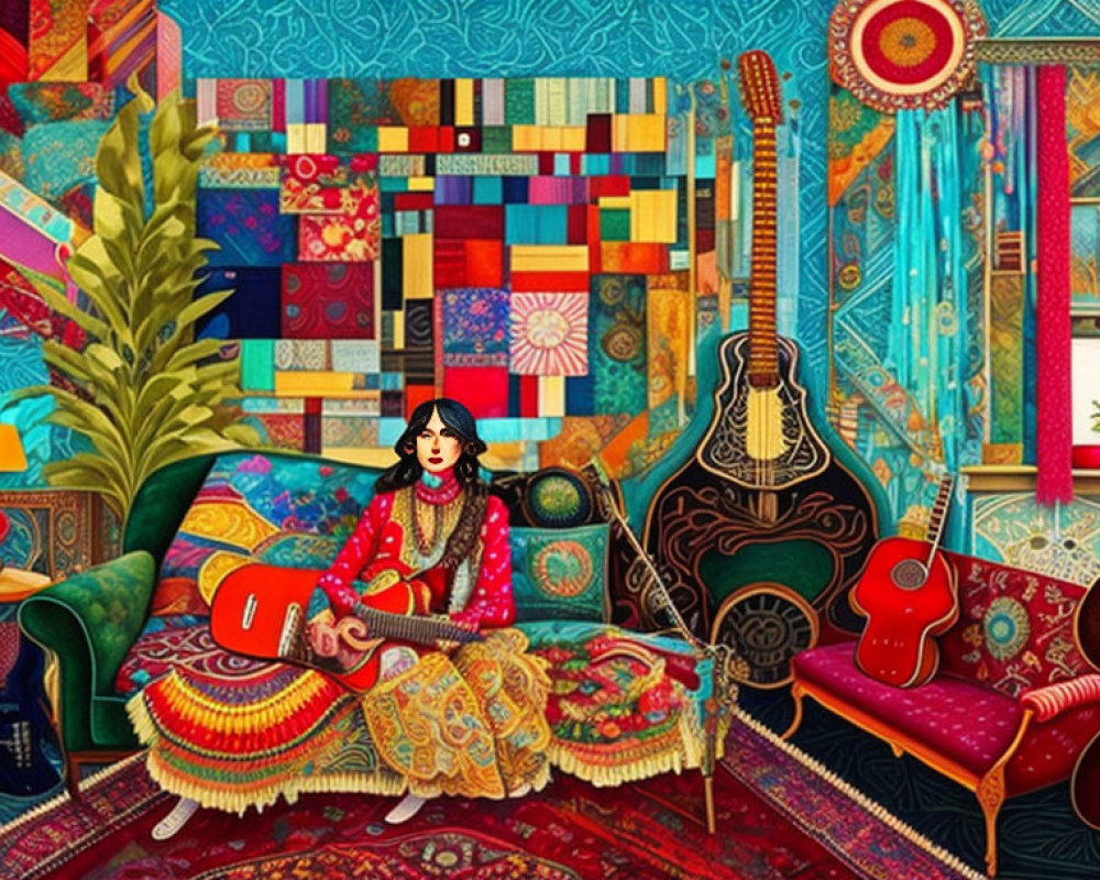 Colorful Room with Woman Playing Guitar and Bohemian Decor