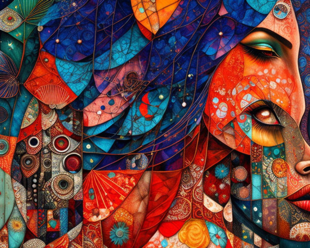 Colorful Abstract Portrait of Woman with Nature and Geometry Elements