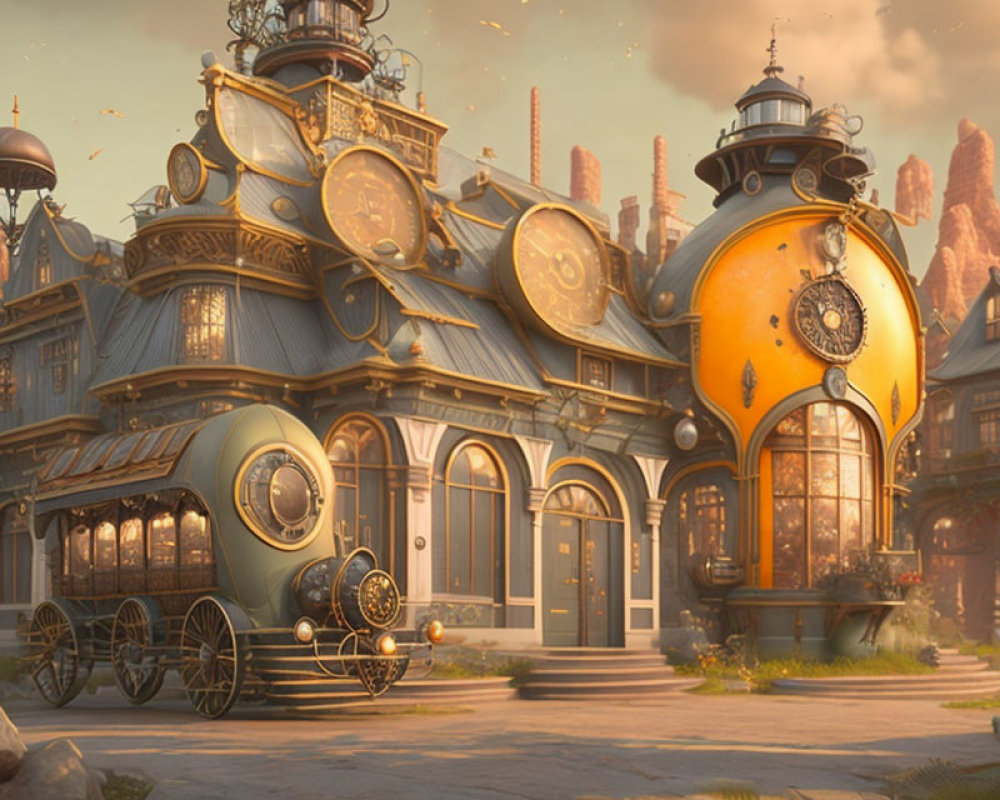 Steampunk-style train station with vintage train and intricate clocks against warm, glowing backdrop