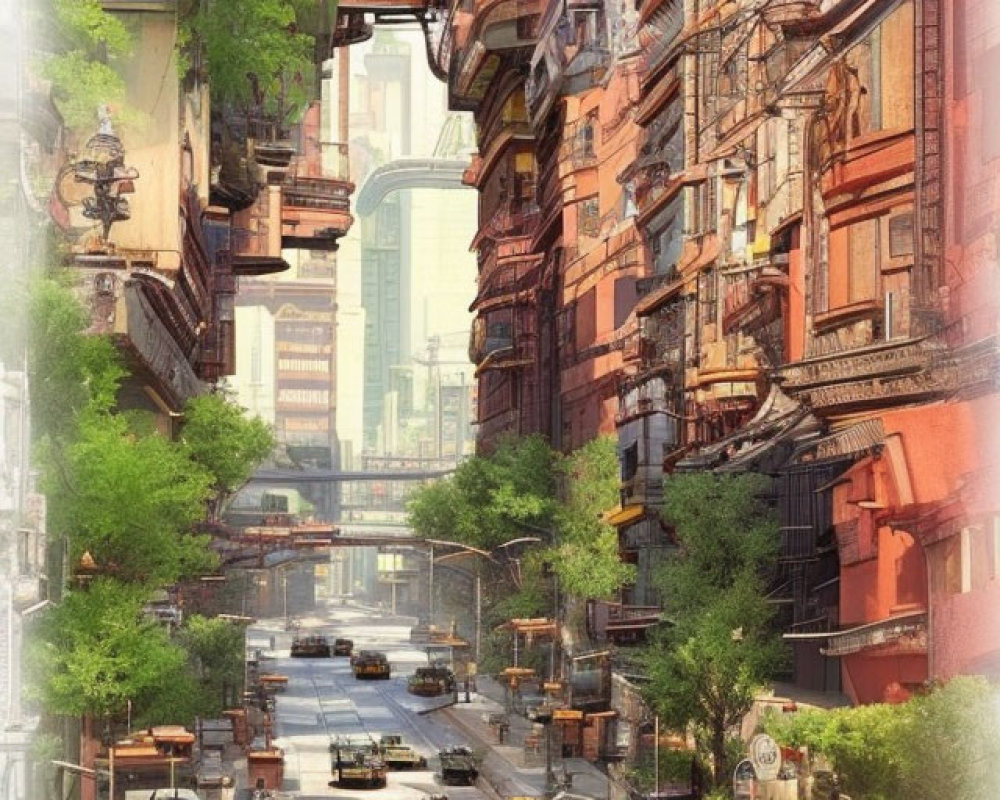 Futuristic urban street with flying vehicles and lush greenery