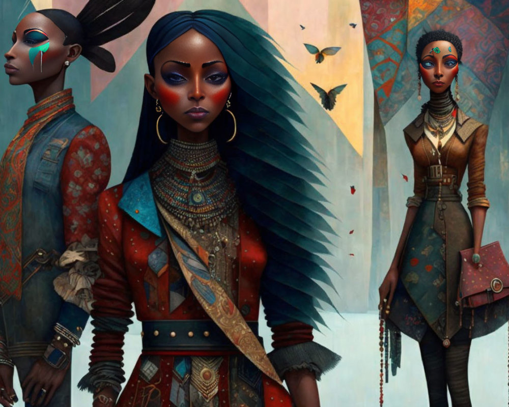 Stylized woman in futuristic tribal attire with earthy tones and unique accessories