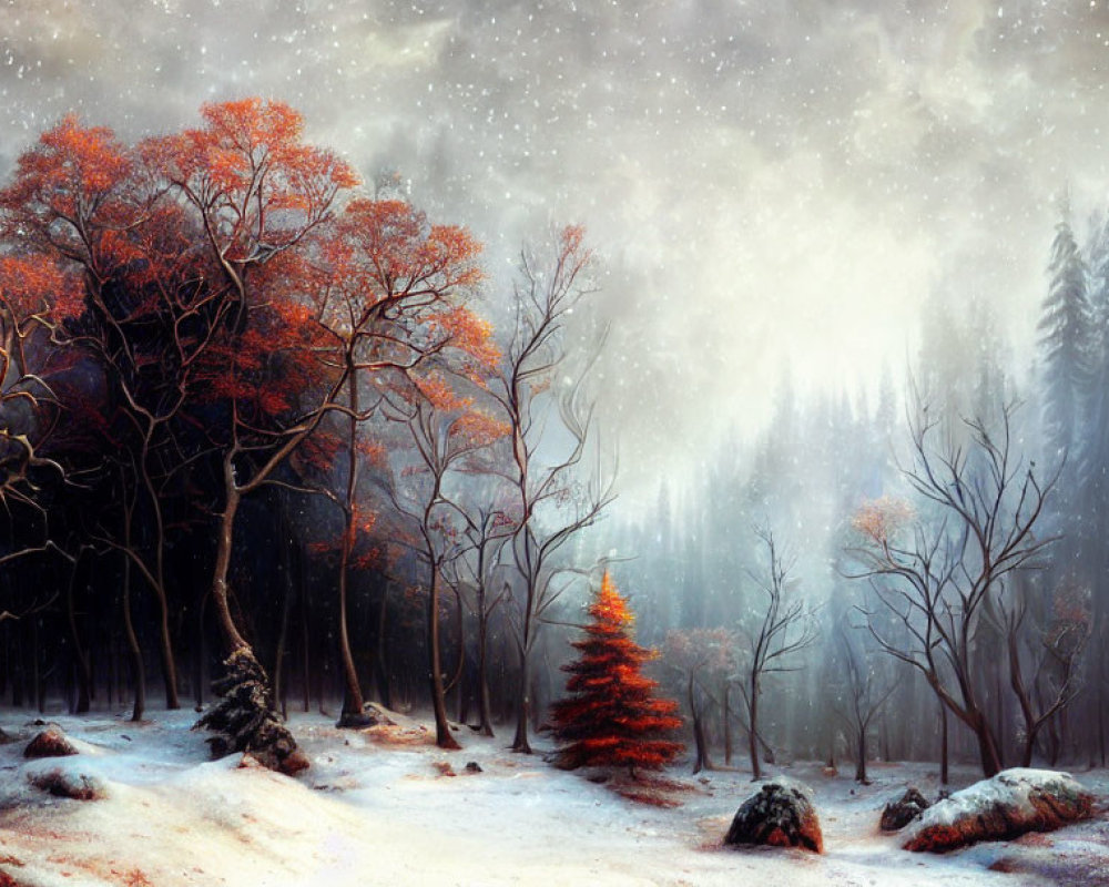 Snow-covered forest with bare and reddish-leaved trees under a starry sky