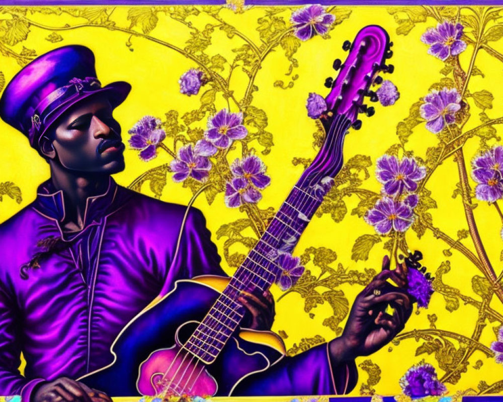 Vibrant illustration of man playing guitar in purple suit on yellow floral background