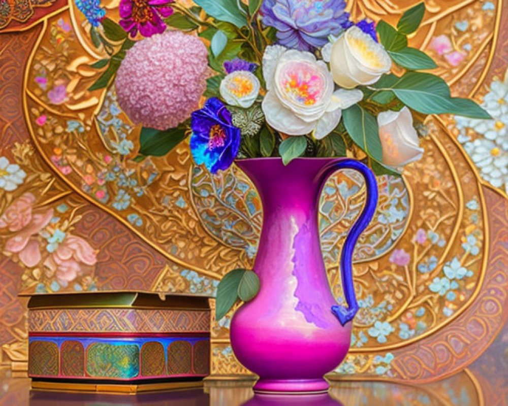 Colorful Flowers in Magenta Vase on Reflective Surface with Gold-Patterned Background